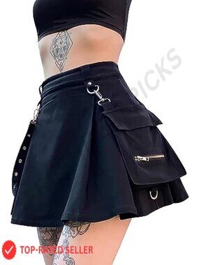 Pleated Mini Skirt with Chain High Waisted Gothic Tennis Skirt